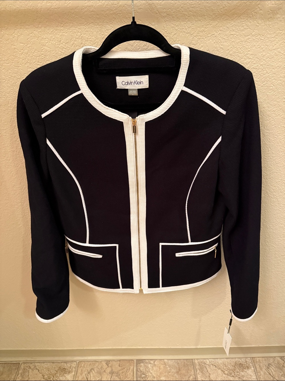Calvin Klein Black Jacket with White Trim Zip Front Blazer